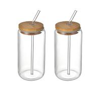 XHONG Lot de 2 verres en forme de canette de bière, verres à bière, verres à café glacé avec couvercles en bambou et paille en verre, adaptés pour jus, bières, sodas, boissons glacées et cocktails