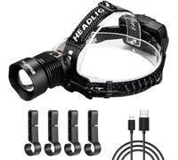 Xhp90 Led Headlamp Ultra Bright 15000 Lumens, Usb Rechargeable High Lumen Powerful Zoomable Headlamp 3 Modes Waterproof With 3 Batteries And 4 Helmet Hooks For Camping