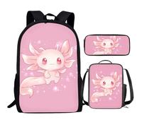 Xhuibop Axolotl Sac à dos d'école rose avec sac à déjeuner pour filles de 8 à 10 ans, sac à livres avec boîte à déjeuner, trousse à crayons 3 en 1, cartable et boîte à déjeuner, joli sac à livres pour