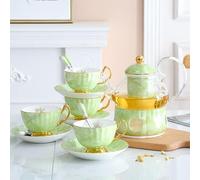 XHZMDWOU Service à Thé Theiere 13 Piece Ceramics Tea Set with Tray Coffee Set Candle Heating Glass Teapot Coffee Set Afternoon Teacup and Saucer Set Services à Café Familles(Grün)