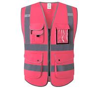 XIAKE Gilet de sécurité 9 poches, haute visibilité, fermeture éclair sur le devant, rose, taille L