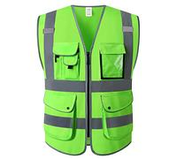 XIAKE Gilet de sécurité 9 poches, haute visibilité, fermeture éclair sur le devant, vert, taille L