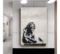 XIANGPEIFBH BANKSY Graffiti Street Art Wall Art Toile Affiches Murales Décor de Chambre Photos Affiche Toile Peinture Fille avec Oiseau Bleu 80x120cm (32x47inch) Cadre Intérieur