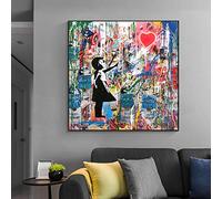 XIANGPEIFBH Banksy Illustration Fille Chasing Ballon Pop Street Art Toile Peinture Affiches Graffiti Mur Art pour Salon Décor À La Maison 25x25cm Cadre Intérieur