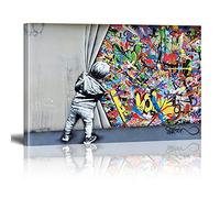 XIANGPEIFBH Banksy Style - Little Boy Pulls Curtain - Graffiti Toile Art Mural Encadré Impression Différentes Tailles Giclee Art Home Decor 80x130cm(32x51in) Avec Cadre