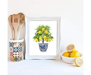 XIANGPEIFBH Citron Imprimé Chinoiserie Planteur Bonsaï Toile Peinture Art Oriental Bleu Blanc Saule Style Citron Affiche Cuisine Décor 30x42cm (12"x 17") sans Cadre