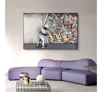 XIANGPEIFBH Enfants derrière le rideau : art mural inspiré du graffiti de rue, peintures sur toile, affiches, décoration urbaine moderne pour les murs et la maison 80x120cm(32x48inch) sans cadre