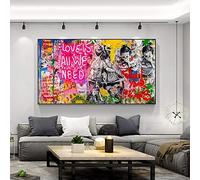 XIANGPEIFBH Graffiti Street Art Banksy Wall Art Love Is All We Need Toile Peintures Poster Print Art pour Salon Home Decor 80x160cm(32''x63'') Cadre Noir