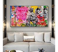 XIANGPEIFBH Grandes photos sur toile Graffiti Street Art Banksy Love Is All We Need Peintures sur toile Poster Print Wall Art pour la décoration intérieure 80x160cm(32''x63'') Cadre noir