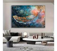 XIANGPEIFBH Impression sur toile représentant une plume aquarelle vibrante - Design abstrait moderne aux tons dorés et bleus - Décoration d'intérieur 60x80cm (24x32 pouces) - Sans cadre