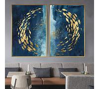 XIANGPEIFBH Peinture sur toile de poisson doré abstrait Big Blue Poster Print Art mural chinois pour allée de salon Tableaux dorés Image 70x90cm(28x35in) x2 Cadre intérieur