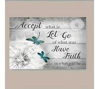 XIANGPEIFBH Peinture sur toile Giclée - Pissenlit noir et blanc et libellule turquoise - Décoration murale inspirante avec le message « Accepter, laisser faire » (60x100cm/24x29in) Sans cadre