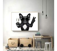 XIANGPEIFBH Peinture sur Toile sur Le Mur Affiches et Impressions d'animaux Un Bouledogue Buvant avec des Lunettes de Soleil Image pour décor de Chambre d'enfants 60x90cm (24"x35") sans Cadre