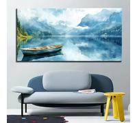 XIANGPEIFBH Tableau sur toile - Paysage serein de lac, de montagne et de ciel avec bateau, œuvre d'art décorative moderne inspirée par la nature 70x150cm(28x60inch) Cadre interne