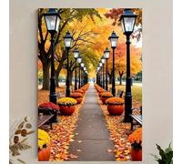 XIANGPEIFBH Tableau sur toile représentant un chemin arboré serein - Scène d'automne vibrante avec bancs et lanternes, décoration intérieure 20x30cm(8x12inch) Cadre interne