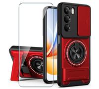 Xiangyun Coque pour Realme C71 4G (6.67") avec Verre Trempé Protection Écran, Étui de Protection Militaire Résistante Aux Chocs avec Cache-caméra Coulissant et Anneau Métallique 360° - Rouge