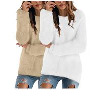 XIANUOJI 2PCS Pull Femme Hiver Chic et Elegant Chaud Automne Pullover Manches Longues Sweater Col Rond Pulls Sweats Femmes Grande Taille (Khaki, XL)
