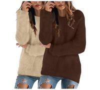 XIANUOJI 2PCS Pull Femme Hiver Chic et Elegant Chaud Automne Pullover Manches Longues Sweater Col Rond Pulls Sweats Femmes Grande Taille (Marron, M)