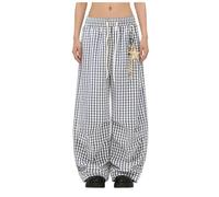XIANUOJI Pantalon De Jogging Baggy pour Femme - Imprimé à Carreaux Pantalon De Loisirs avec Pendentif Étoilé Y2K Streetwear - Jambe Droite Large et Poches Sportswear Décontracté Joggers (Gris, XXXL)