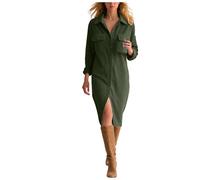 XIANUOJI Robe Chemise Midi Fluide Boutonnée en Velours Côtelé pour Femme, Automne-Hiver, Col à Revers Ample, Manches Longues, Vintage Western Robes avec Poches (Vert, S)