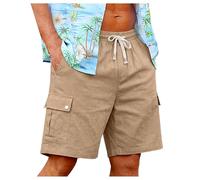 XIANUOJI Short Cargo Homme en Coton et Lin, Taille élastique avec Cordon de Serrage, 6 Poches, idéal pour l'été, la Plage et Les Vacances. Petit Portefeuille Homme Cuir (Khaki, M)