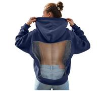 XIANUOJI Sweat à Capuche en Maille pour Femme Mesh Back Pull à Manches Longues avec Dos en Haut à Paillettes Ajourée Strass étincelants en Résille Ajouré Festival Costume de fête (Bleu, S)