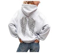 XIANUOJI Sweat à Capuche pour Femme Chic et Élégant et Décontracté Imprimé Ailes d'ange en Strass Douillette Sweatshirt pour Automne et Hiver Parfaite Douceur et Chaleur (Gris, XS)