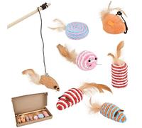 xianynow 7-en-1 Jouet Chat Interactif - Ensemble de 7 Pièces avec Souris en Peluche, Canne en Bois et Corde en Sisal avec Plumes - Jouets Naturels pour Chat