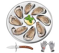 xianzhanEU 1 assiette à huîtres en acier inoxydable 8 fentes avec couteau à huîtres et gants, utilisable pour placer des huîtres, des coquilles Saint-Jacques