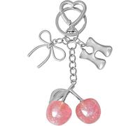 xiao Cherry Bow Letter Keychain, Personalized A-Z Initial Keyring with Crystal Accent, Cute Kawaii Bag Charms for Women (Pink Cherry - Silver, G)