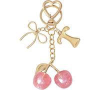 xiao Cherry Bow Letter Keychain, Personalized A-Z Initial Keyring with Crystal Accent, Cute Kawaii Bag Charms for Women (Pink Cherry - Gold, F)