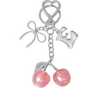 xiao Cherry Bow Letter Keychain, Personalized A-Z Initial Keyring with Crystal Accent, Cute Kawaii Bag Charms for Women (Pink Cherry - Silver, T)