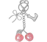xiao Cherry Bow Letter Keychain, Personalized A-Z Initial Keyring with Crystal Accent, Cute Kawaii Bag Charms for Women (Pink Cherry - Silver, L)