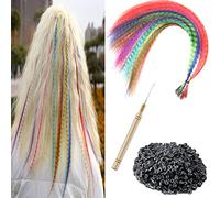 XIAO TAO ZI Lot de 12 extensions de cheveux synthétiques en plumes de 43,2 cm + 100 micro perles en silicone + 1 kit d'outils de plumes de cheveux à crochet (43,2 cm, 12 pièces)