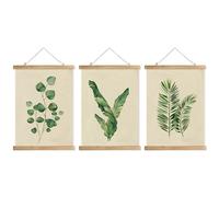 XIAOAIKA Lot de 3 affiches d'art de verdure avec cintres en bois - Eucalyptus, feuille de bananier, illustrations de feuilles de palmier, art mural botanique minimaliste, 30 x 40 cm