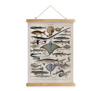XIAOAIKA Poster vintage à suspendre avec cadre en bois, décoration murale de style rétro, motifs imprimés sur lin sans décoloration, prêt à accrocher (poisson, 50 x 75 cm)