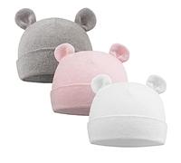 XIAOHAWANG Bonnet d'hôpital pour nouveau-né, garçons et filles, bonnet en coton avec oreilles d'ours pour bébé de 0 à 6 mois, Ours (blanc + rose + gris), 0-6 mois