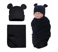 XIAOHAWANG Coton Couverture d'emmaillotage avec Bébé Chapeau de Nouveau Né Mignon Ours Naissance Couverture et Bonnet（Noir）