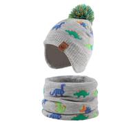 XIAOHAWANG Dinosaure Bébé Chapeau Écharpe Ensemble Chapeaux d'hiver pour Enfant Garçon Fille Bonnet de Chaud Automne 0 à 7 Ans (Coloré Dinosaure Gris (Chapeau+écharpe) 4 à 8 Ans)