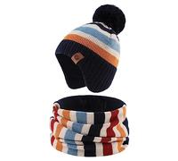 XIAOHAWANG Dinosaure Bébé Chapeau Écharpe Ensemble Chapeaux d'hiver pour Enfant Garçon Fille Bonnet de Chaud Automne 0 à 7 Ans (Multicolor Rayure (Chapeau+écharpe), 4 à 7 Ans)