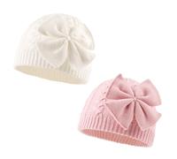 XIAOHAWANG Nœud Bébé Hiver Bonnet Fille Rose Blanc Gris Chapeau Enfant Tricoté Chapeaux Oreillette 0 à 6 Ans (Blanc+Rose, S)