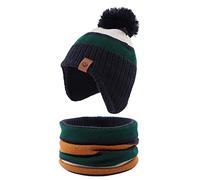XIAOHAWANG Rayé Tricoté Bébé Bonnet Hiver Chaud Enfant Chapeau Classique Fille Garçon Bonnets avec Pompom Tout-Petit Chapeaux pour Activité de Plain Air(Vert(Chapeau+écharpe),4 à 7 Ans)