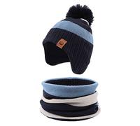 XIAOHAWANG Rayé Tricoté Bébé Bonnet Hiver Chaud Enfant Chapeau Classique Fille Garçon Bonnets avec Pompom Tout-Petit Chapeaux pour Activité de Plain Air(Bleu Ciel(Chapeau+écharpe),2 à 4 Ans)