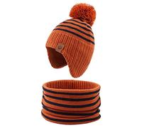 XIAOHAWANG Rayé Tricoté Bébé Bonnet Hiver Chaud Enfant Chapeau Classique Fille Garçon Bonnets avec Pompom Tout-Petit Chapeaux pour Activité de Plain Air(Caramel(Chapeau+écharpe),9 à 24 Mois)
