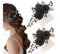 Xiaohui887 2 Pcs Peigne à Cheveux Fleuri Noir Peigne à Cheveux pour Mariage Peigne de côté Fleur Rose Noir Rhinestone Pearl Headpiece Vintage Decoration Girls Ladies Hair Accessories