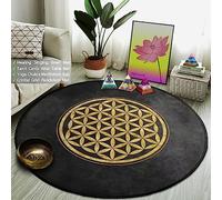 XIAOHUKK Tapis de sol rond motif fleur de vie noir et doré pour salon, tapis de jeu, décoration de chambre, tapis de sol de toilette