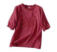 Xiaojiu à Manches Longues en Lin Et Coton Chemise pour Femmes,Vetement Femme t-Shirt Robe Chemisier Chic Elegant Tee Shirt(30-Rouge,XXL)