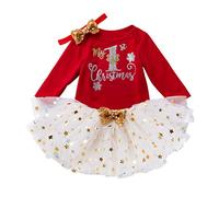 Xiaojiu Deguisement Halloween 3 Ans Jupe Plissée Longue Bébé Filles à Manches Longues Lettre de noël Dessin animé imprimé Barboteuse Body Jupes en Tulle Bandeaux Bob Enf(Rouge012,12-18 Mois)