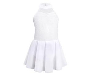 Xiaojiu Enfant Combinaison de Danse Classique pour Filles avec Sequins pailletés col Montant et Jupe résille Parfaite pour répétitions Spectacles(Blanc, 6-7 Ans)
