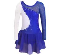 Xiaojiu Enfant Combinaison-Justaucorps pour Filles Long-Sleeve empiècements en résille et Motifs colorés utilisées pour Gymnastique et Danse Confort Mouvement optimisés(Bleu, 8-9 Ans)